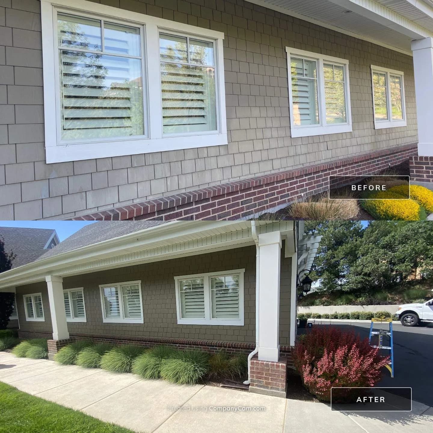 Before and after of a Bountiful home exterior, gray shingle siding and brick base with freshly painted white trim and columns