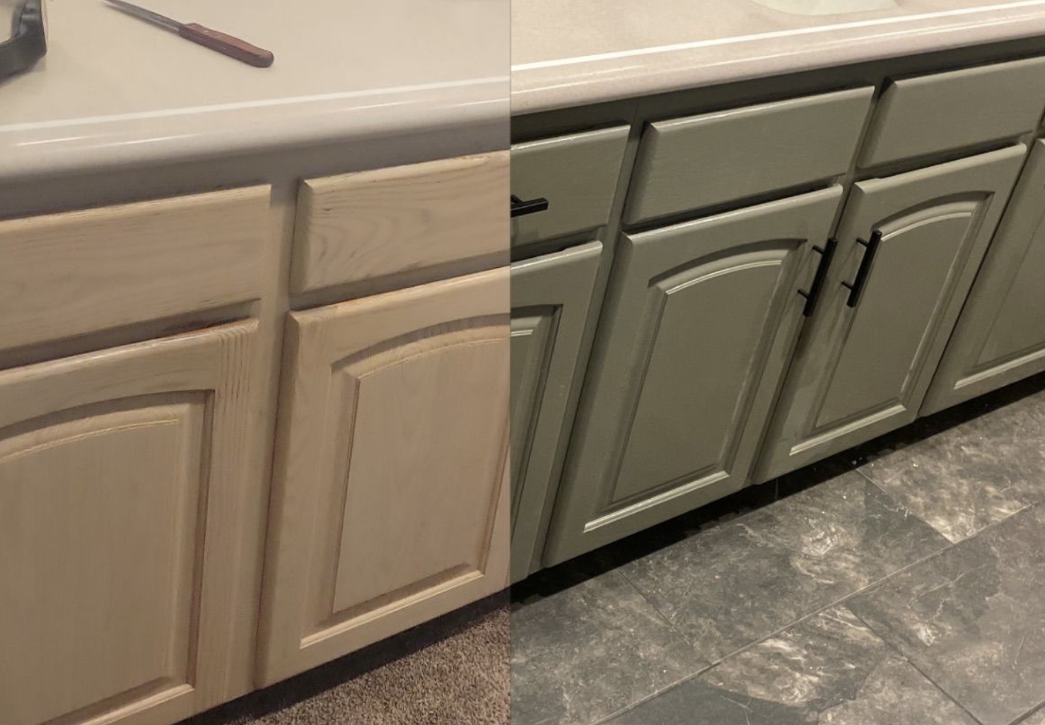 Before and after comparison of cabinet refinishing durability and finish quality
